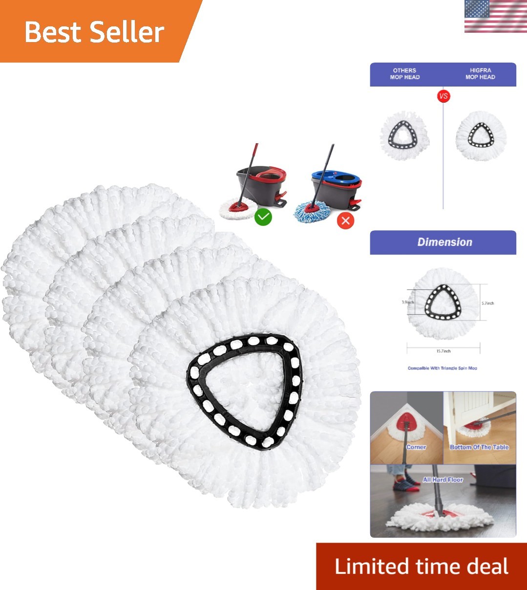 Spin Mop Replacement Head 4 Pack Microfiber Swivel Mop Refill Easy to Install