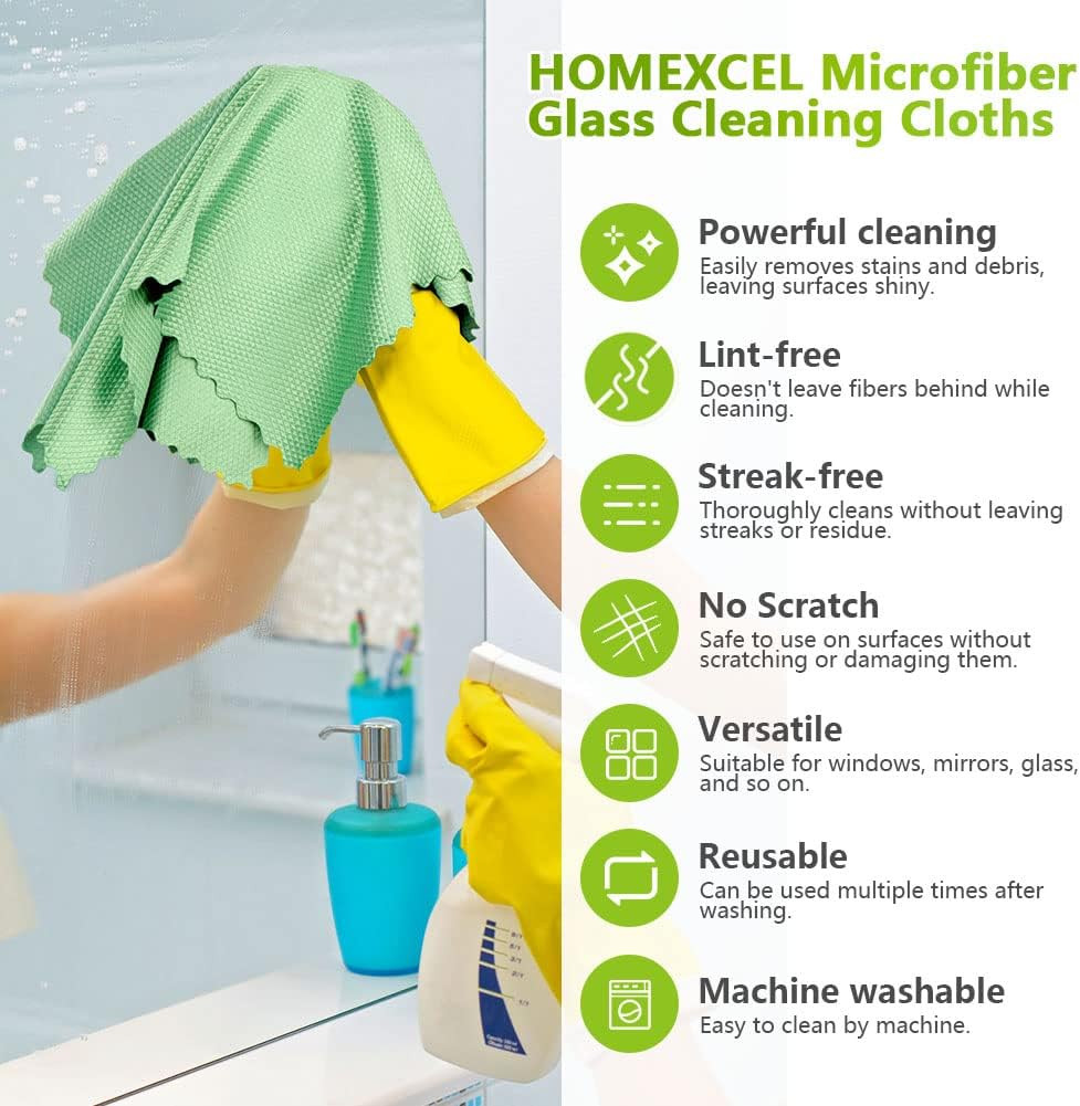 HOMEXCEL Microfiber Glass Cleaning Cloths-6PK 16×14 Lint Free Window Cleani…