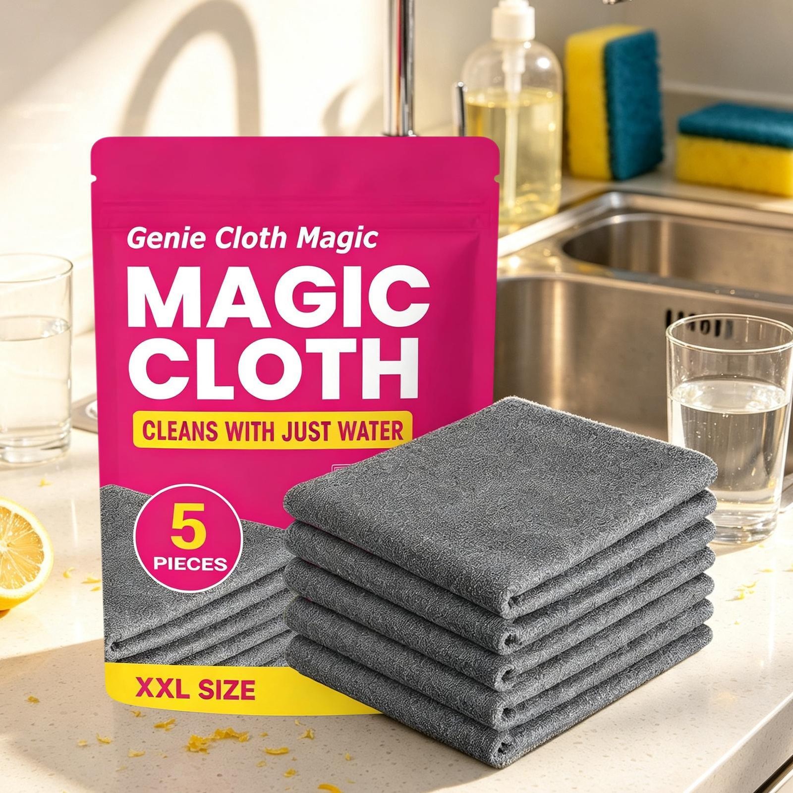 Genie Magic Cleaning Cloth, Lint Free Microfiber Cleaning Cloths, 5 Pieces