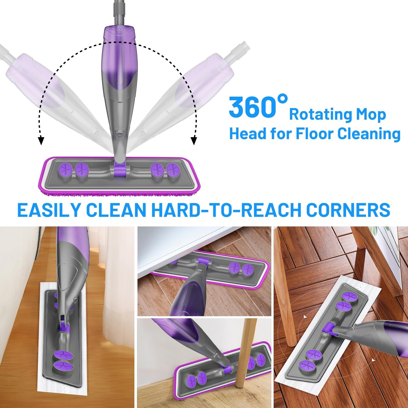 Spray Mop for Floor Cleaning – Wet Dry Mop with 4 Pads, 500ml Bottle, Pet Hair &