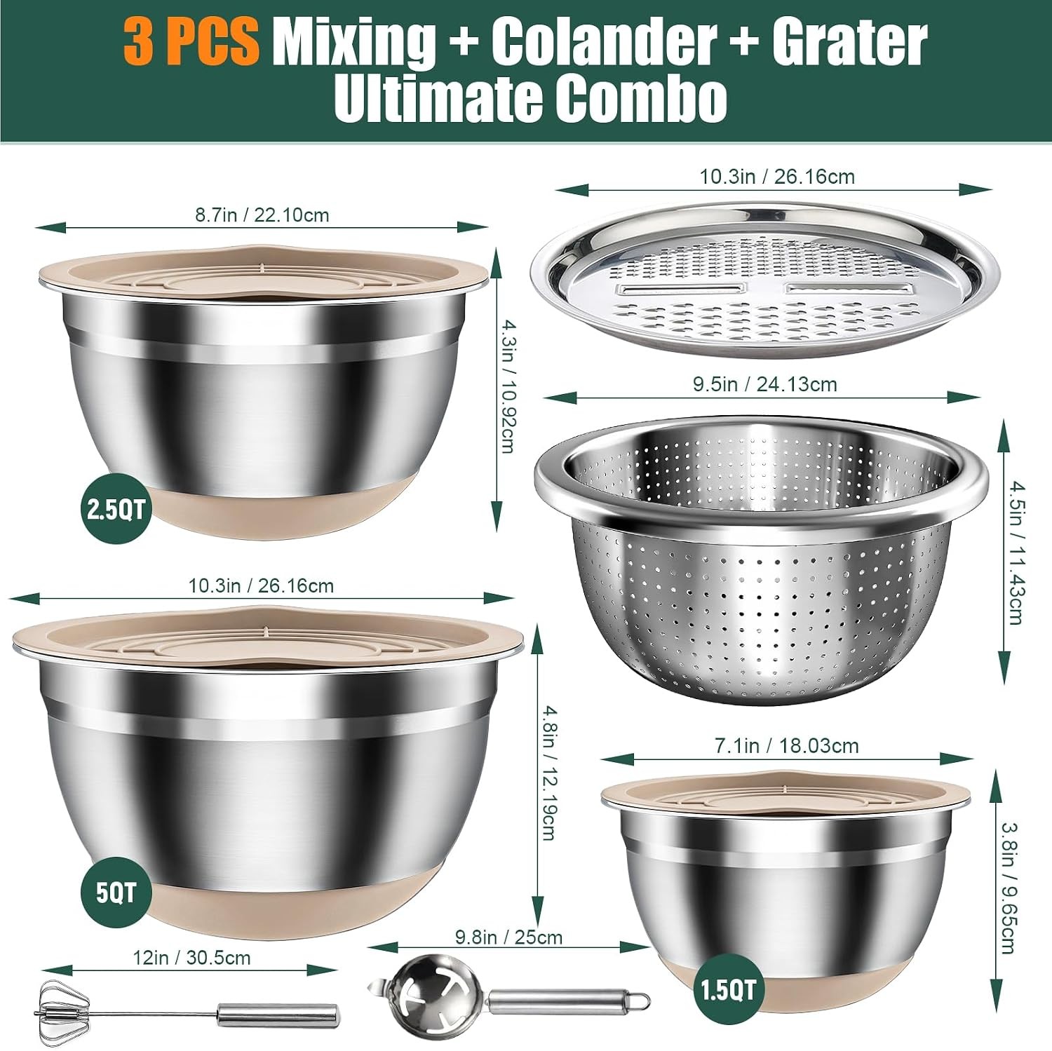 Stainless Steel 4 Bowl Set with Lids Silicone Bases Plus Grater Egg Separator