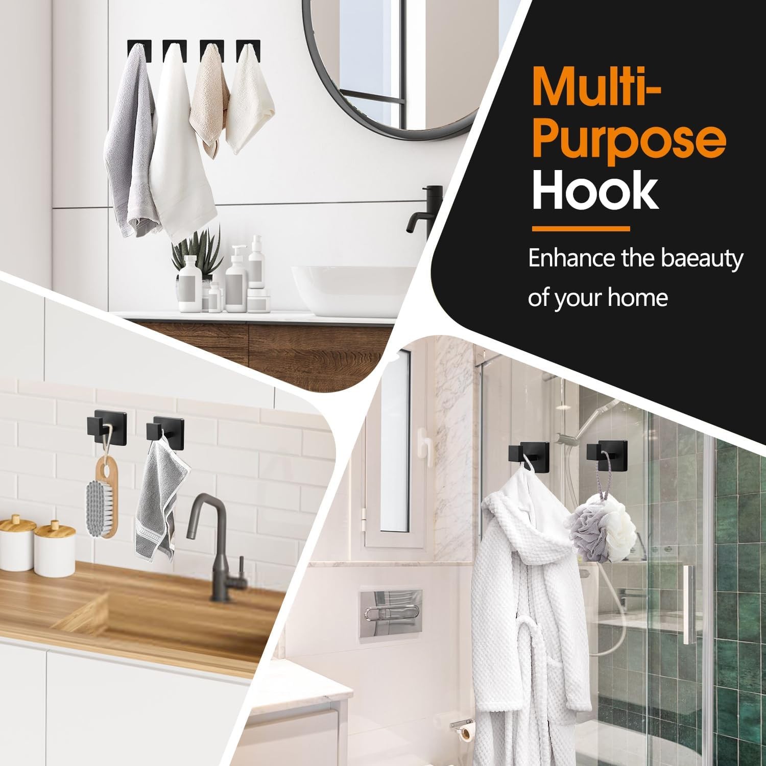 4 Pack Matte Black Towel Hooks for Bathroom, Heavy Duty 33lb Stainless Steel