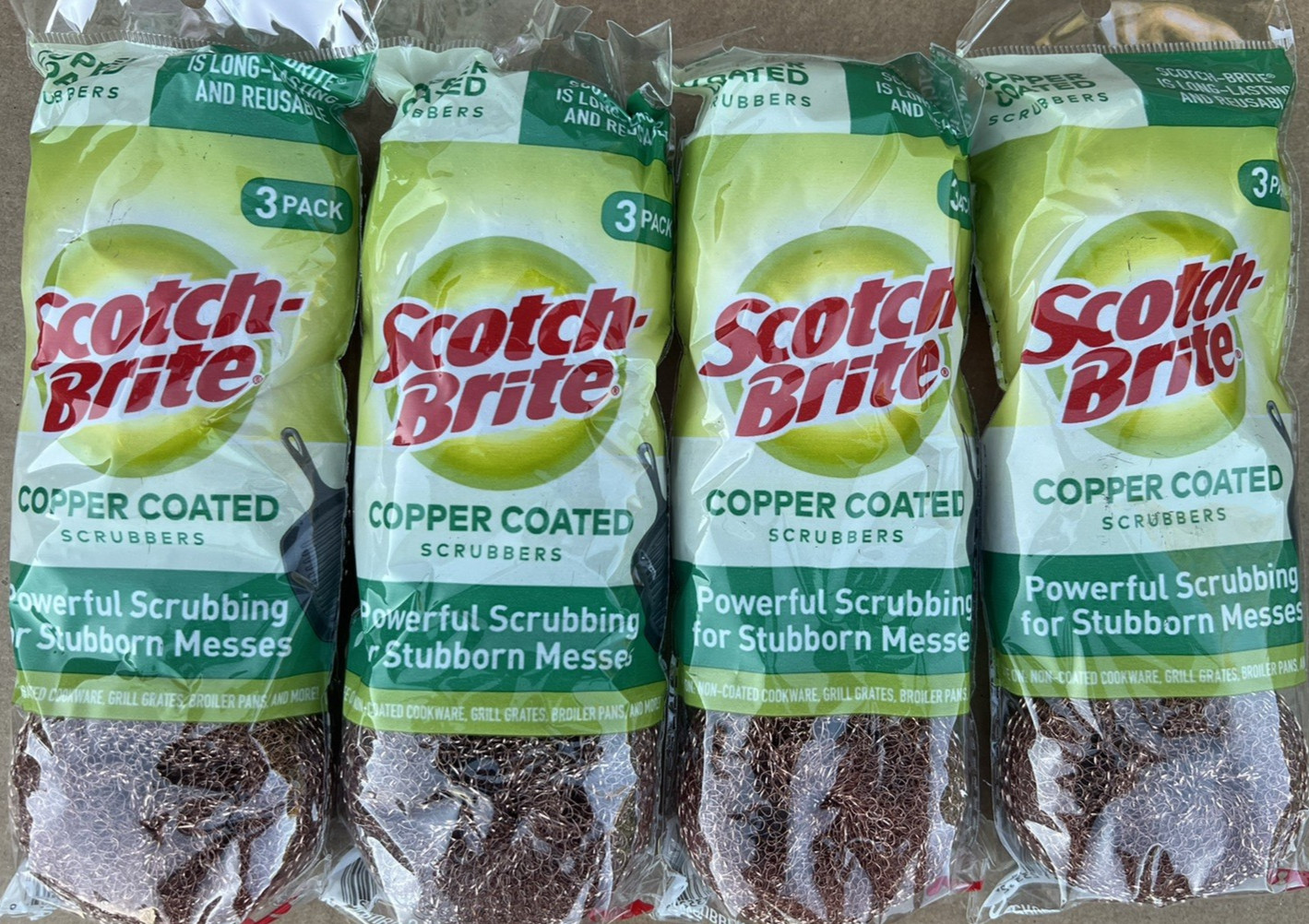 3M Scotch-Brite 3x Copper Coated Scouring Pads 3-Count Each = 12 Lot of 4