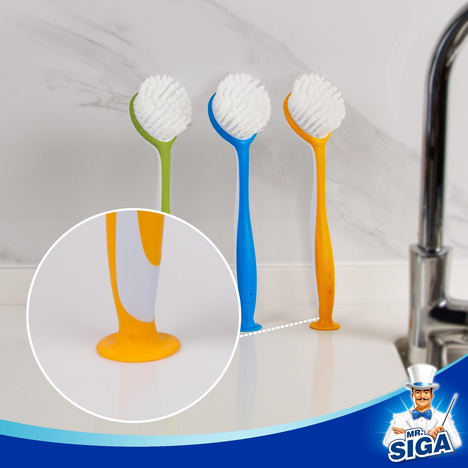 MR.SIGA Round Dish Brush, Size: Dia 6.5 X 5.5 X 25 cm, Green, Blue, Orange