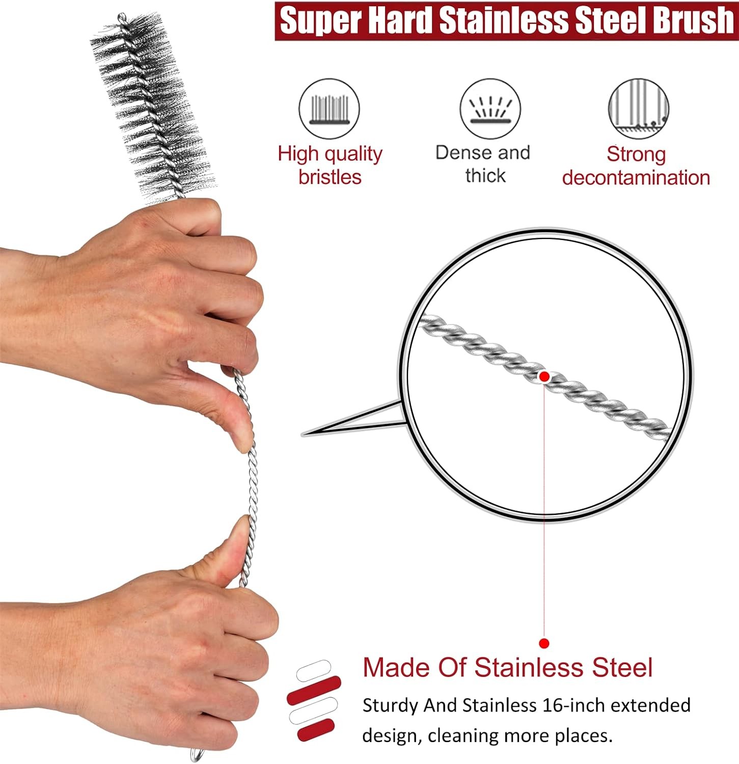 16in Stainless Steel Pipe Brush 8 Pack for Tube Bottle Auto Parts Cleaning