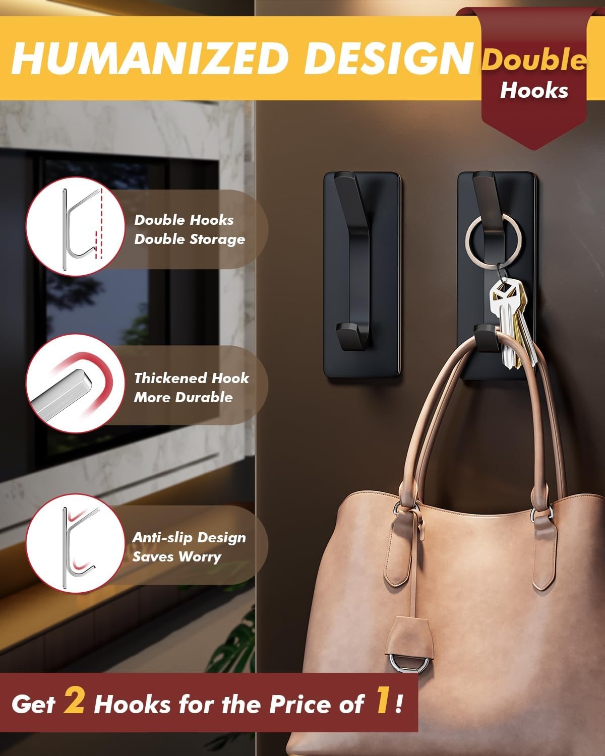 Self Adhesive Hooks 15lbs Heavy Duty, 5 Pack Stainless Steel Wall Hooks for Coat