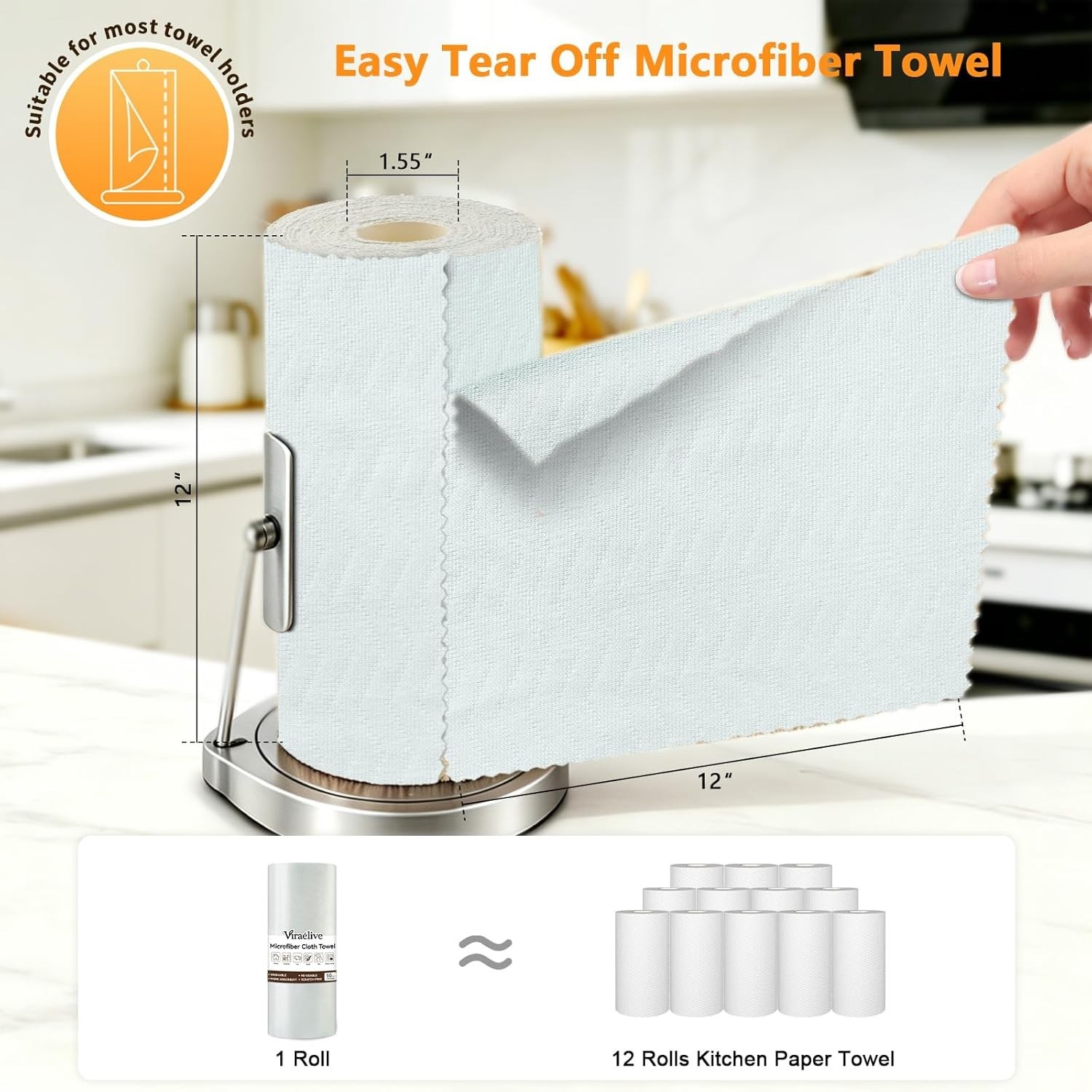 Microfiber Cleaning Cloth Roll, 50 Tear-Away Sheets, Reusable & Washable, Lin…