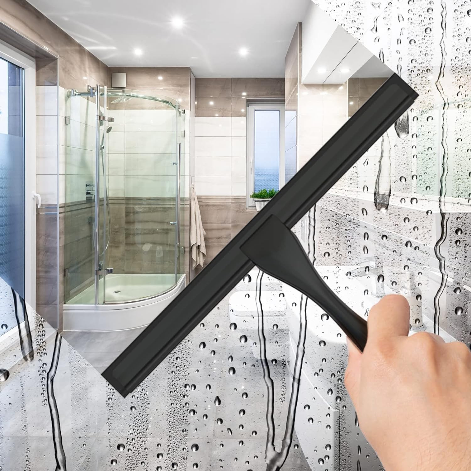 10 Inch Black Stainless Steel Shower Squeegee With 2 Adhesive Hooks