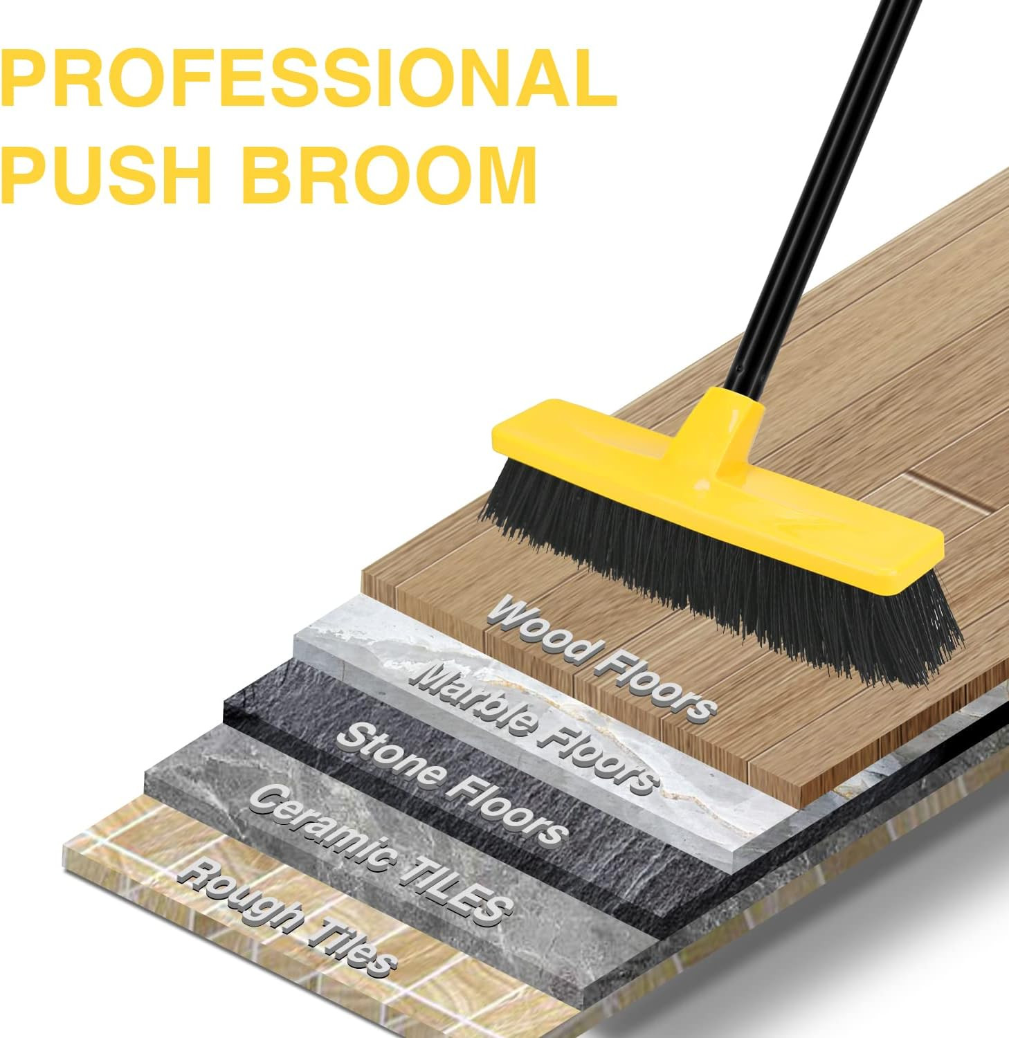 Push Broom Outdoor Indoor Broom 12″ Wide,50″ Long Handle with Stiff Bristles for