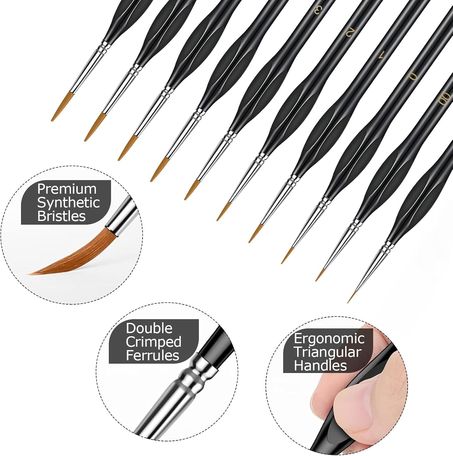 10Pcs Micro Paint Brushes Set with Triangular Handles, for Acrylic, Watercolor,