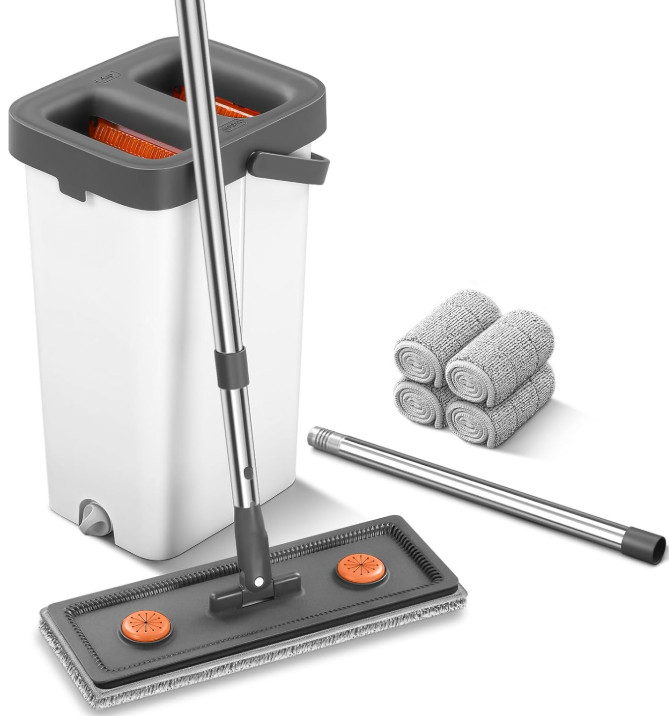 Fregona plana 155cm con cubo escurridor y 4 mopas microfibra lavables hogar