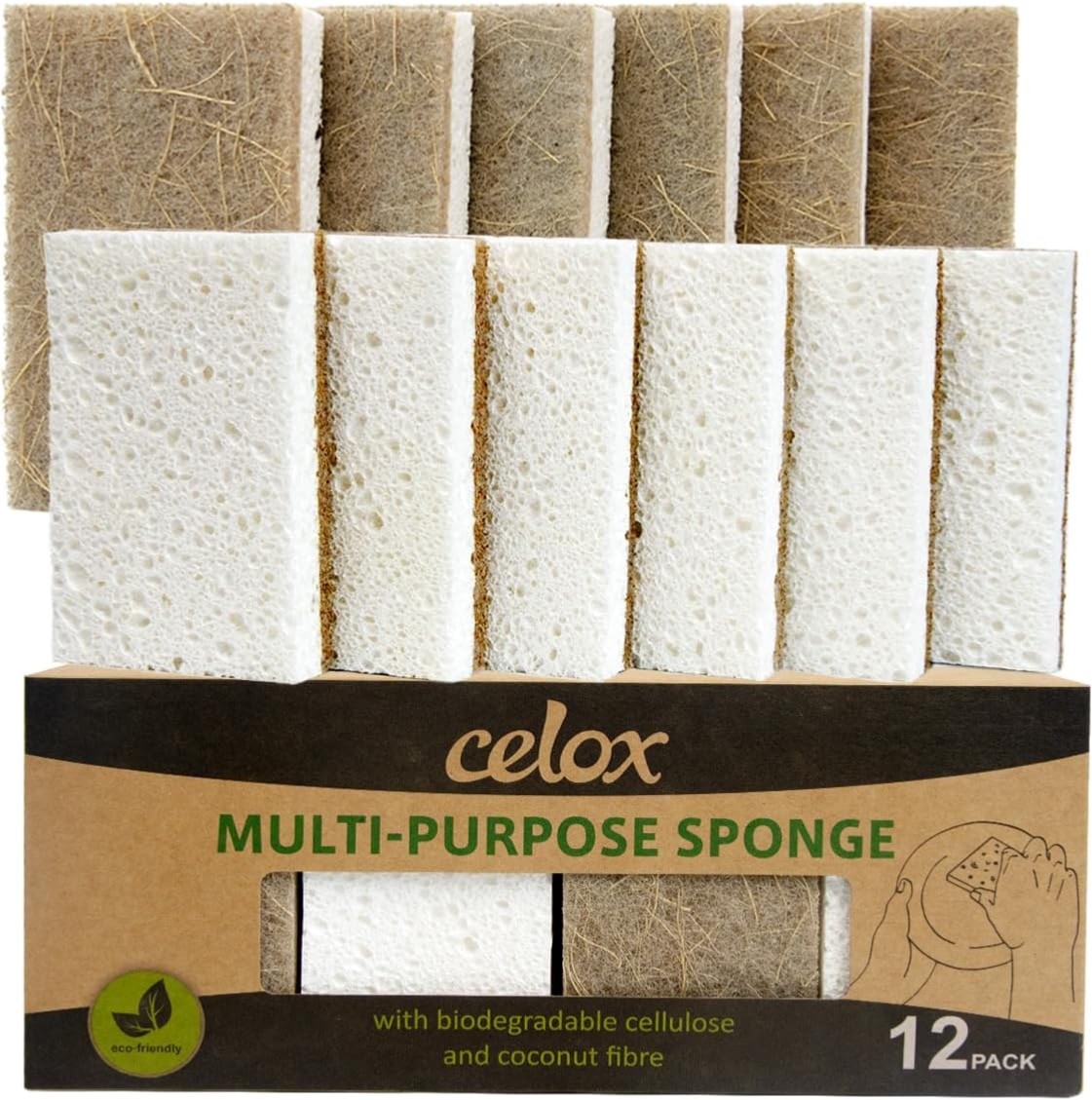 CELOX 12 Pack Coconut Fiber Biodegradable Sponges, Non Scratch Kitchen Cleani…