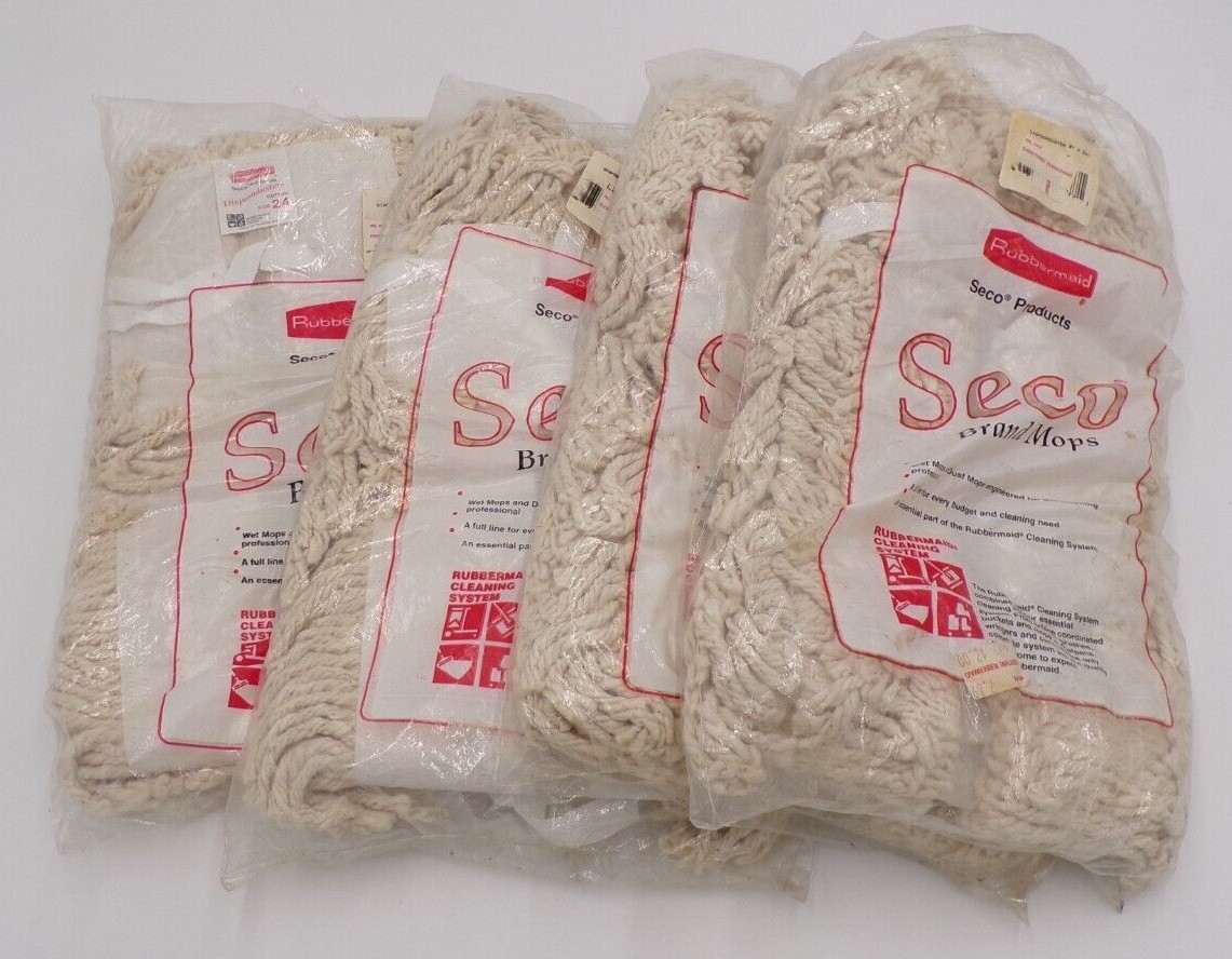 Lot of 4 Rubbermaid Seco Brand Industrial Dust Mop Head, Cotton, 24W X 5D, White