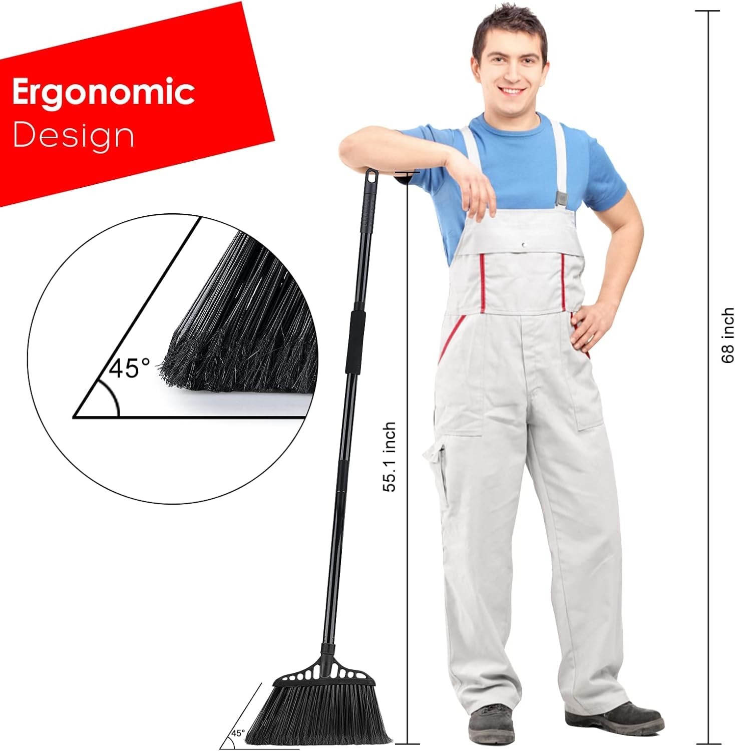 Tiumso Outdoor Broom for Floor Cleaning, Heavy Long Handle Broom, All Black