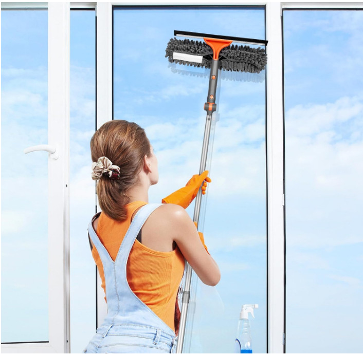 Window Squeegee 2-in-1 with Extendable Pole for High Indoor & Outdoor Glass