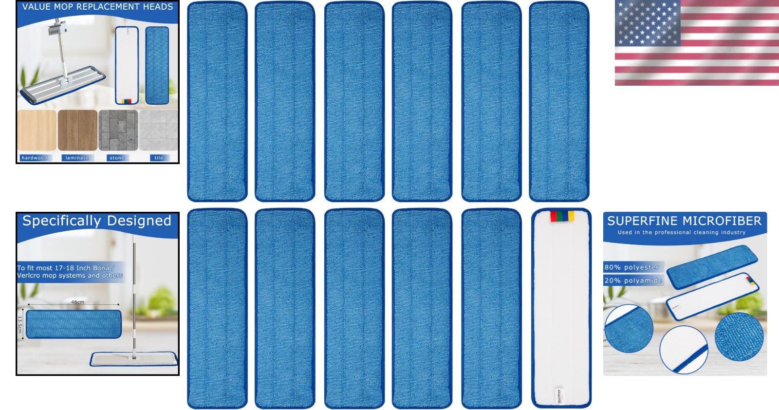 12 Pack Heavy Duty Microfiber Mop Pads for 17-18 Inch Mops – Reusable & Durable