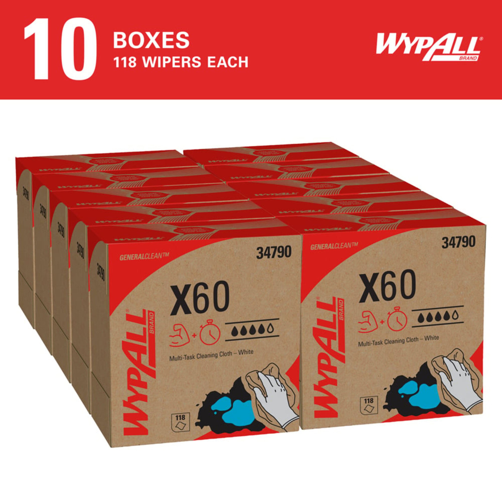 Kimberly Wypall X60 34790 Reusable Cloths Pop-Up Task Wipe Wipers 10 Boxe of 118