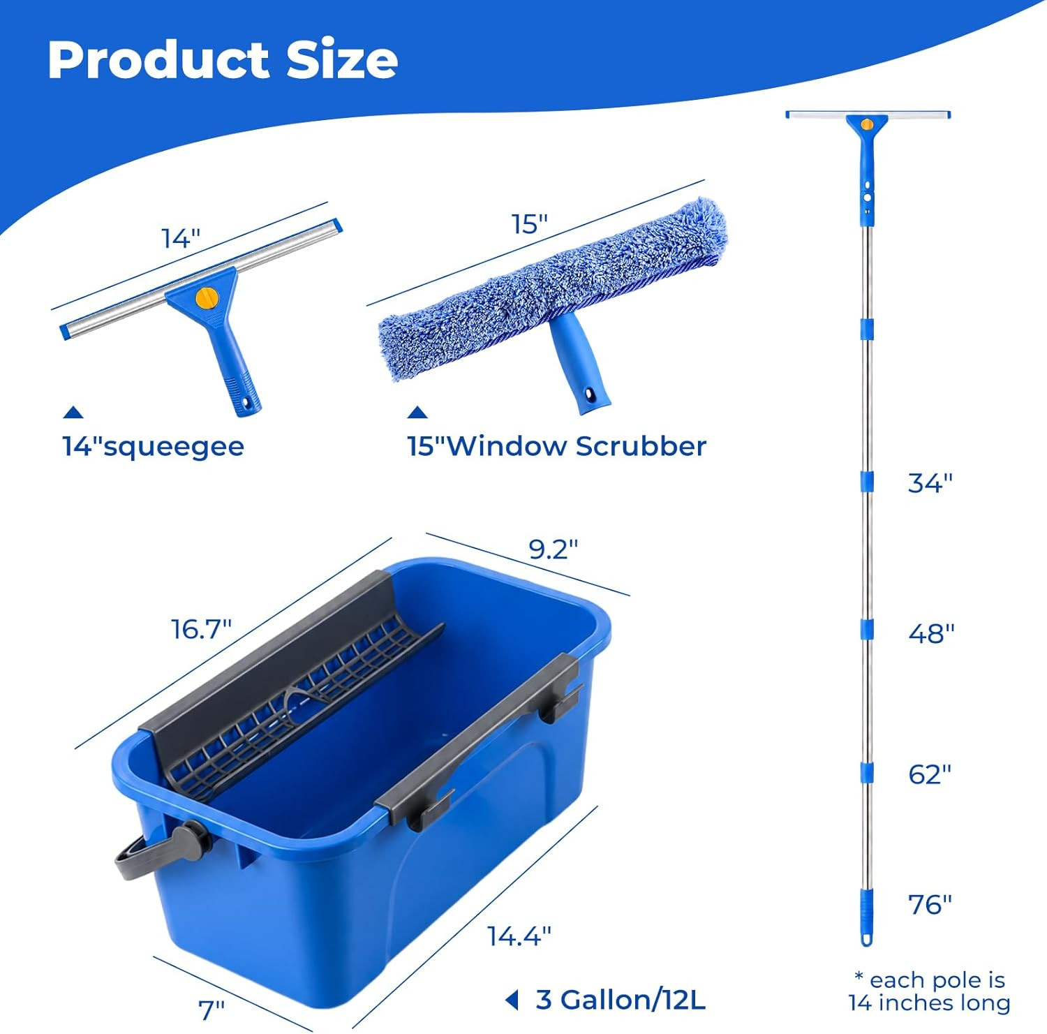 Window Cleaning Kit Bucket 3 Gallon 14in Squeegee 15 Inch Scrubber 76 Inch Poles