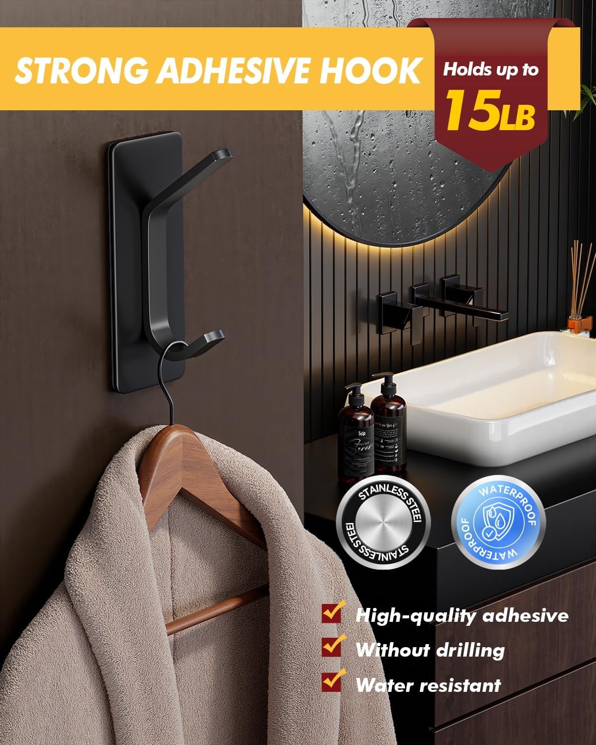 Self Adhesive Hooks 15lbs Heavy Duty, 5 Pack Stainless Steel Wall Hooks for Coat