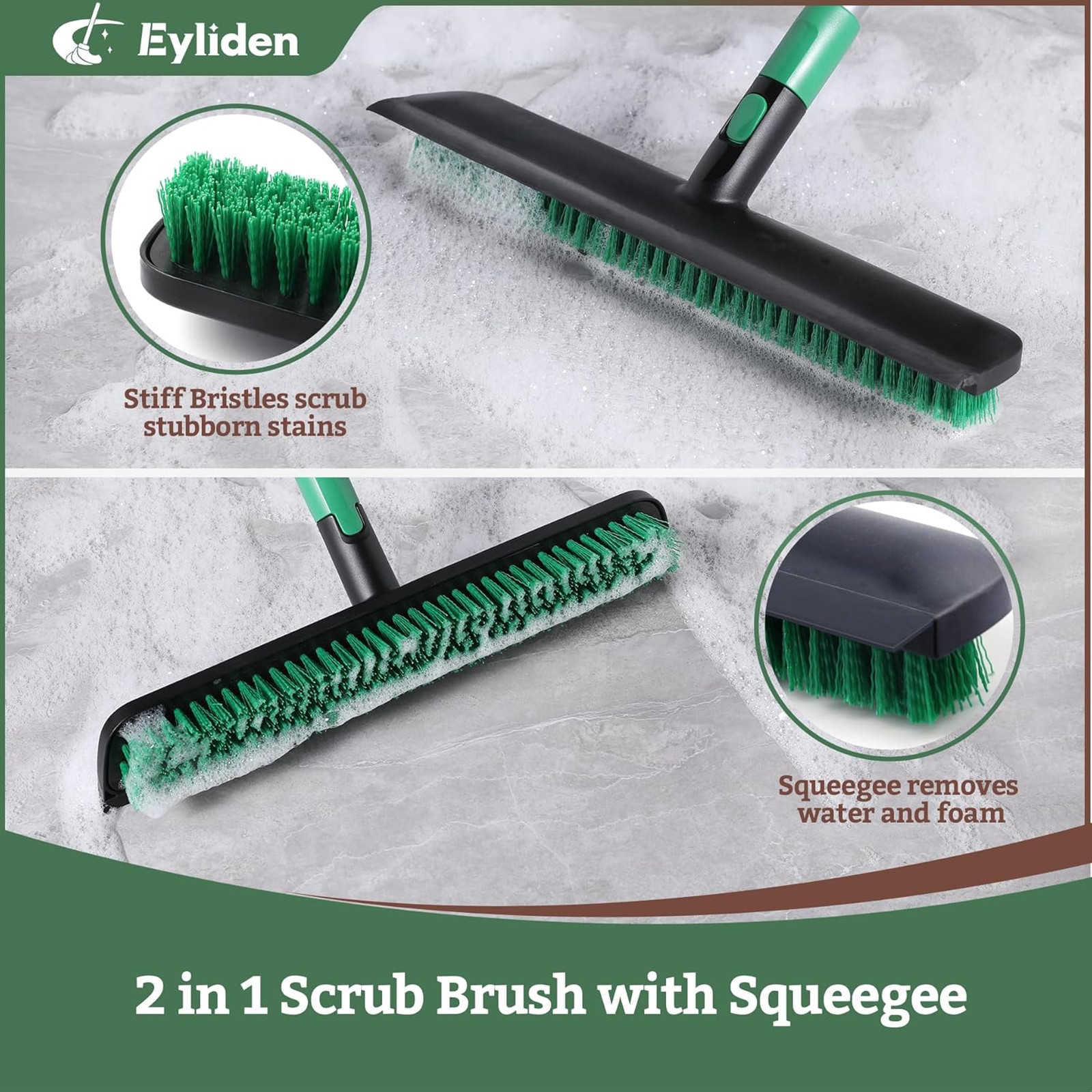 Floor Scrub Brush, 15 Inch Wide Head with Rubber Squeegee, Telescoping Handle
