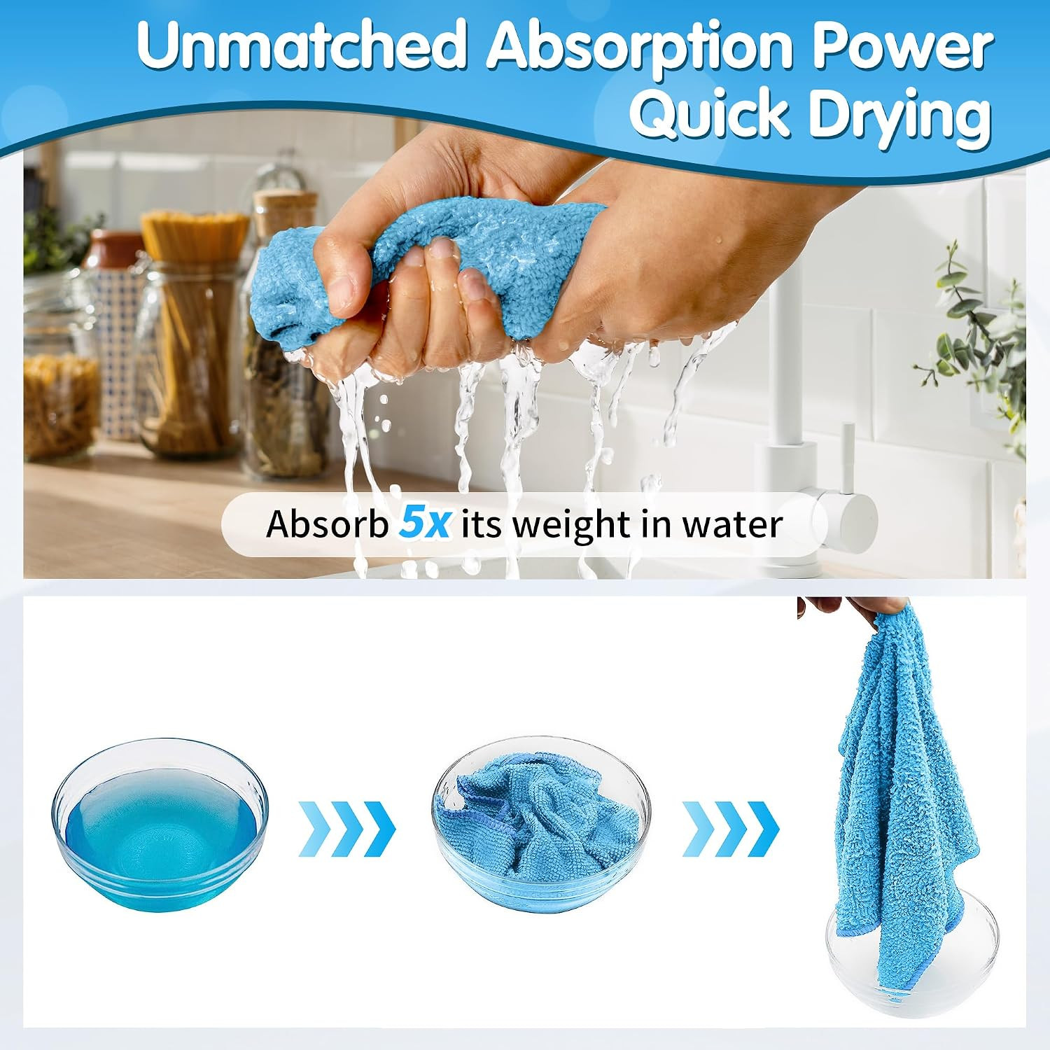 Blue Microfiber Cleaning Cloth -Pack of 8, Highly Absorbent Cleaning Rags, 16″X1