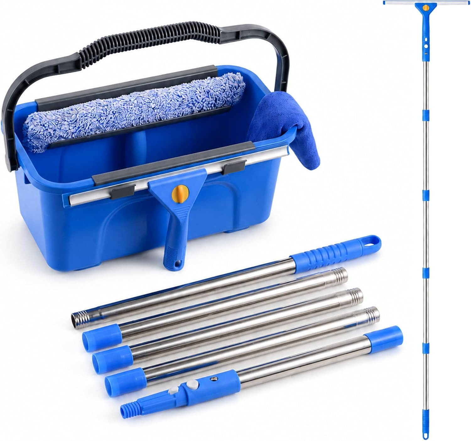 Window Cleaning Kit Bucket 3 Gallon 14in Squeegee 15 Inch Scrubber 76 Inch Poles