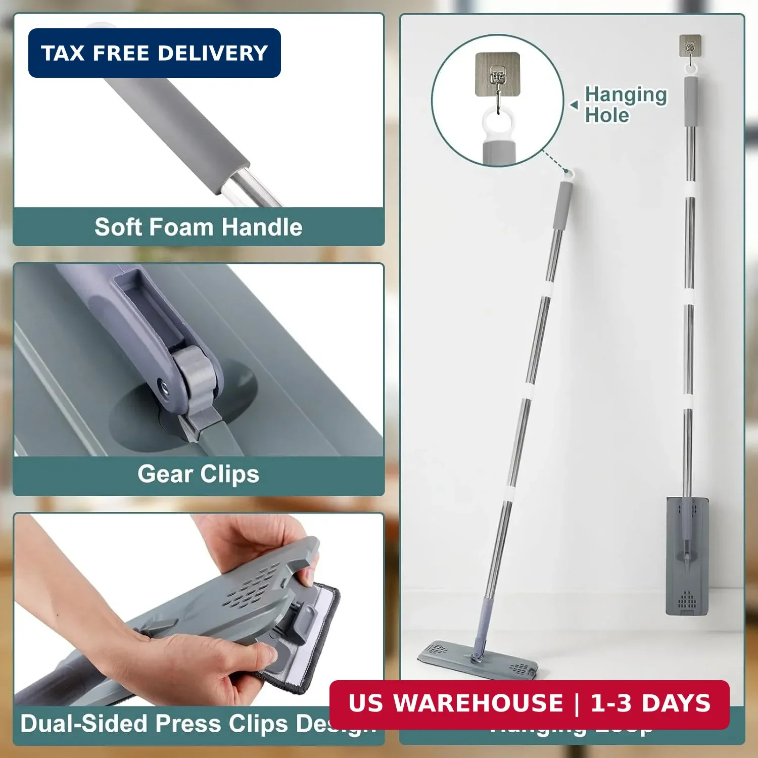 Flat Mop with 3 Pads, Microfiber Mops for Floor Cleaning Adjustable Handle 29-49