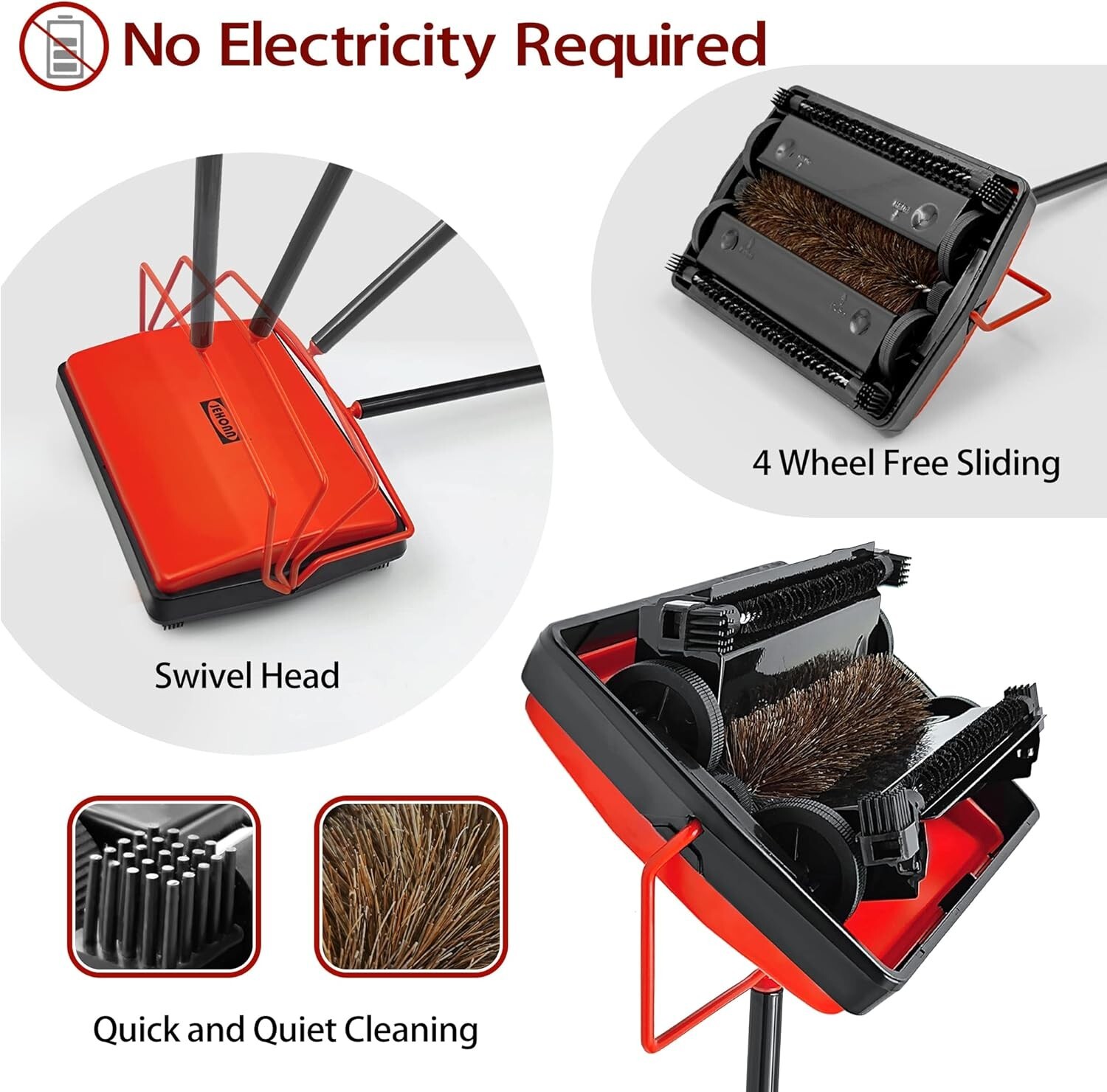 Carpet Floor Sweeper with Horsehair, Non Electric Manual Sweeping (Red)