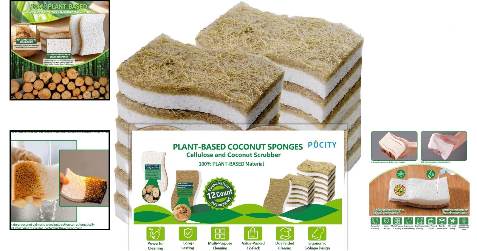 Natural Plant-Based Dish Sponges Pack of 12 Eco-Friendly Cellulose & Coconut …