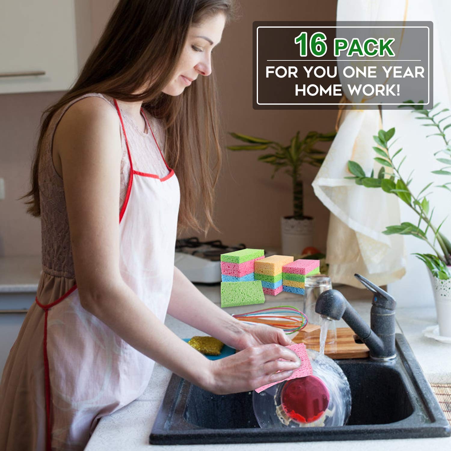 Eco Sponge,16Pack Natural,Kitchen Cleaning Sponge, Multicolor