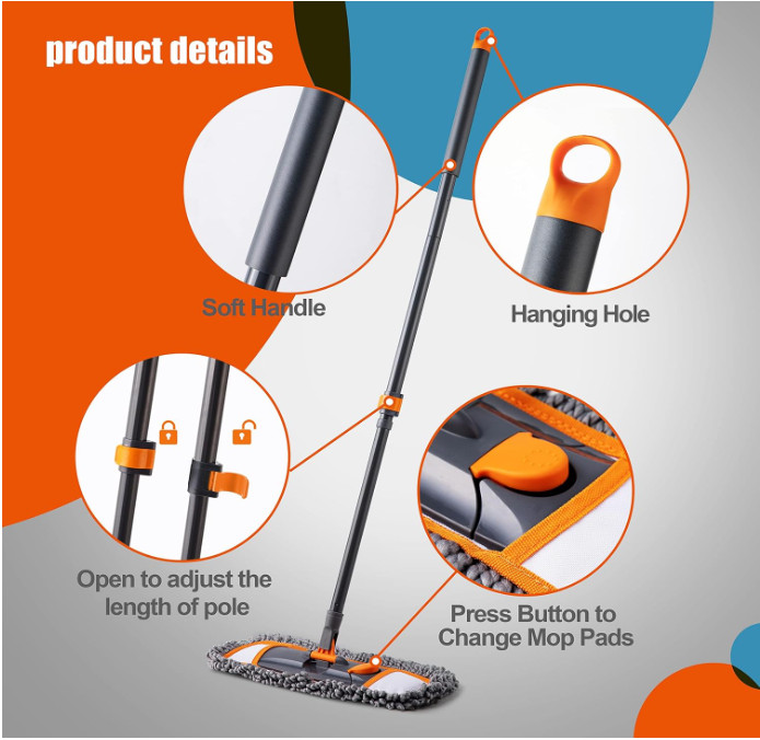 Mopa con mango extensible 55” y 3 paños lavables para suelos duros. Naranja