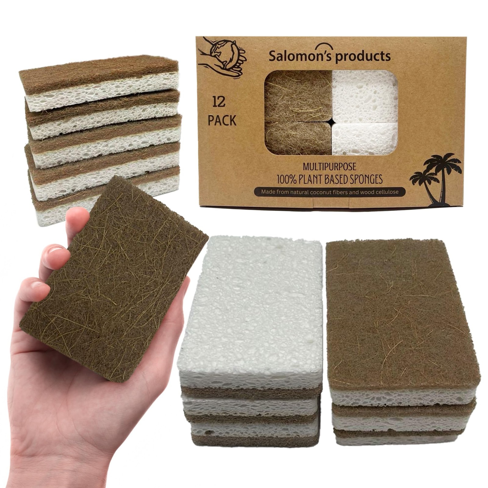 12 Pack Natural Kitchen Sponges – Biodegradable, Compostable, Sustainable Woo…