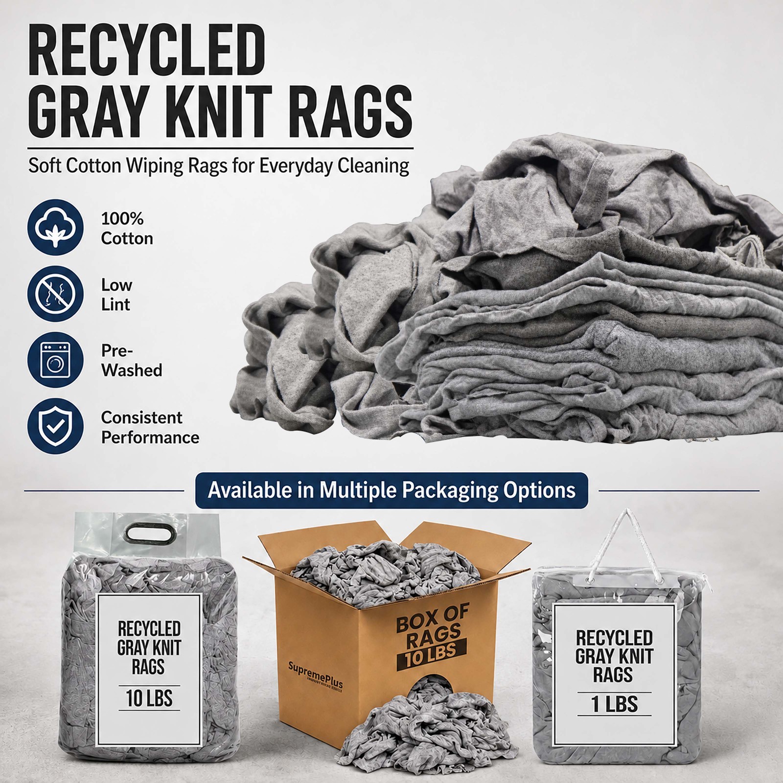 Gray Knit T-Shirt Rags Bulk Cotton Shop Rags Multipurpose Cleaning Wipers – Bags