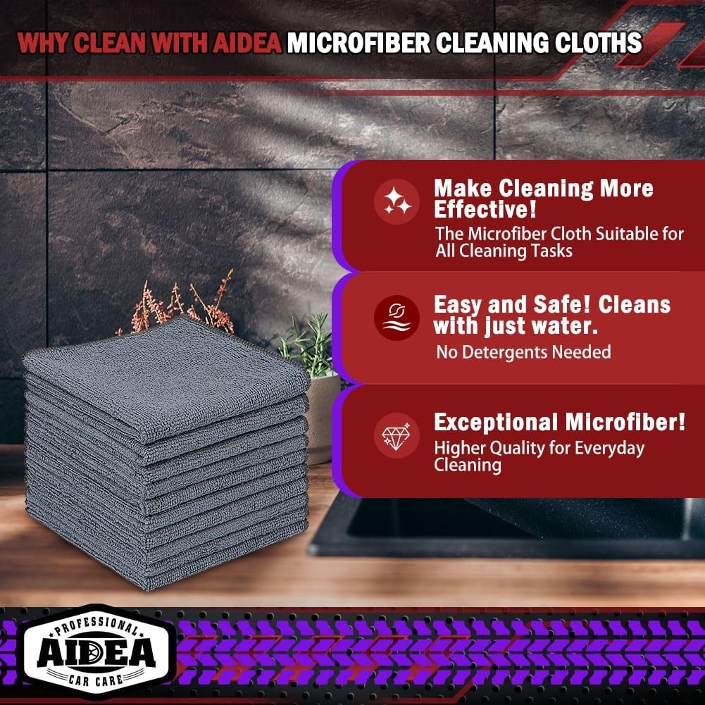 AIDEA Microfiber Cleaning Cloth Grey 10PK, Micro Fiber Cloth for Cleaning Cars,
