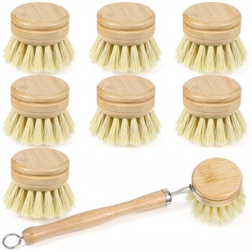 8 Pcs Bamboo Dish Brush with Handle, Natural Sisal Bristle Scrubber Includes 7