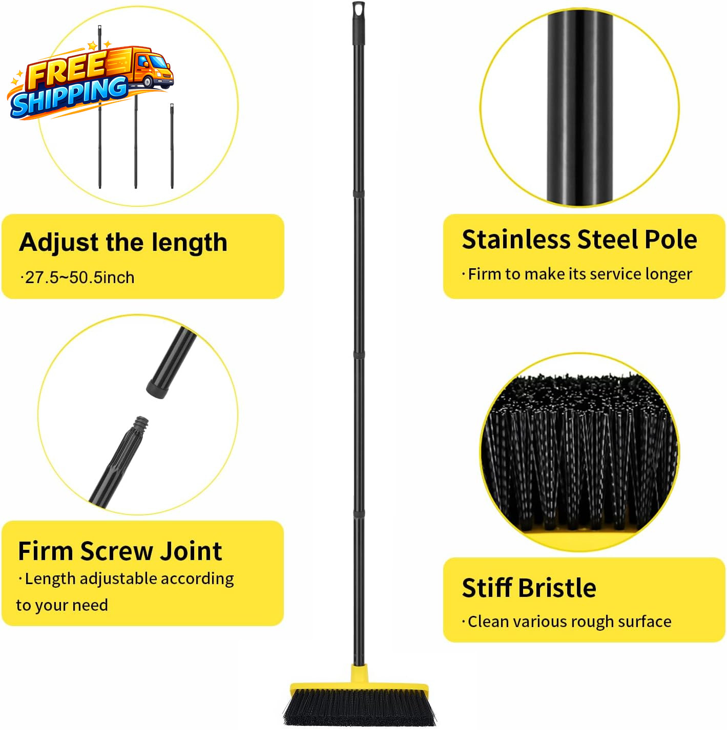 Push Broom Outdoor Indoor Broom 12 Wide 50 Long Handle with Stiff Bristles