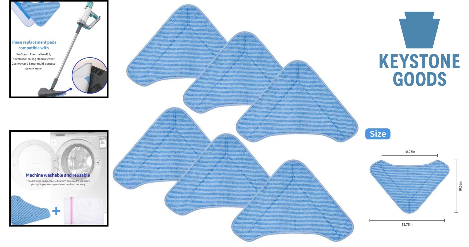 6-Pack Microfiber Replacement Mop Pads for PureClean & Compatible Steam Cleaners