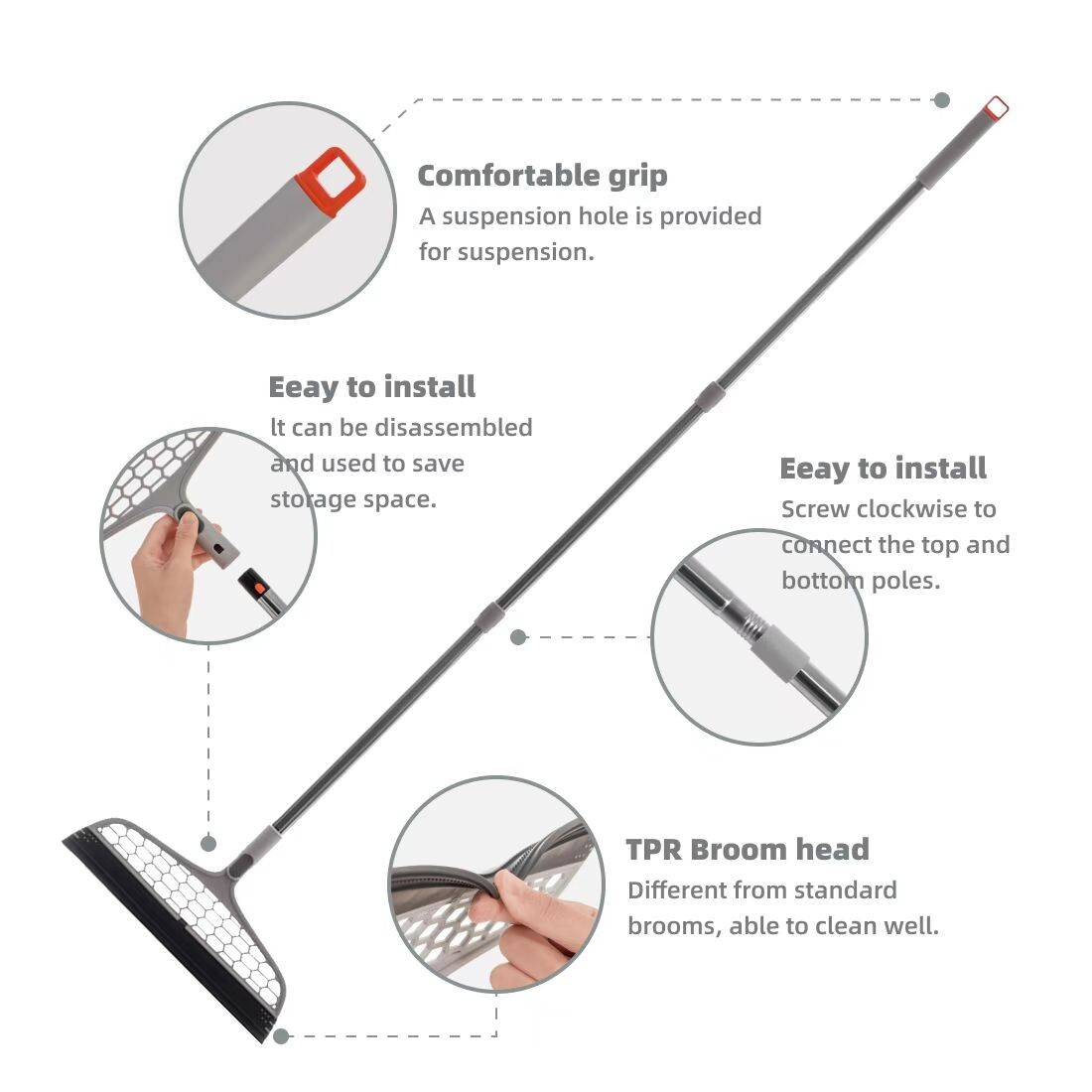 2 In 1 Adjustable Magic Broom Pet Hair Remover W/ Mini Squeegee Extended Length