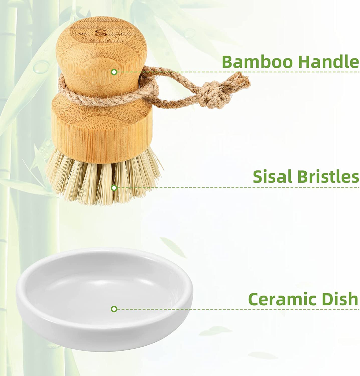 Bamboo Wooden Dish Scrub Brushes Natural Sisal Bristles Set of 3[1][2][3]