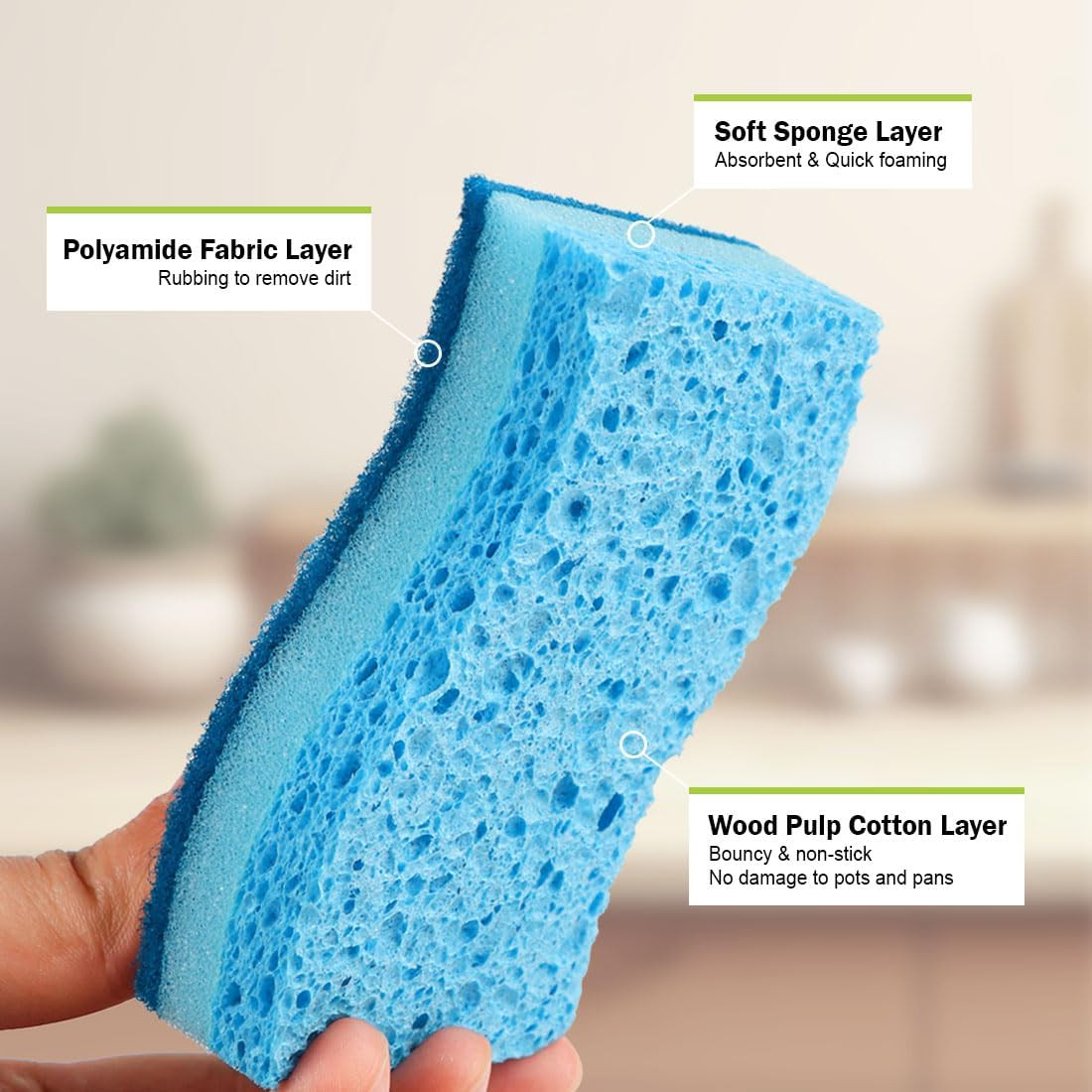 Sponges Kitchen, Non-Scratch Scrub Sponge, 6Count, Sponges for Non-Stick Cookwar