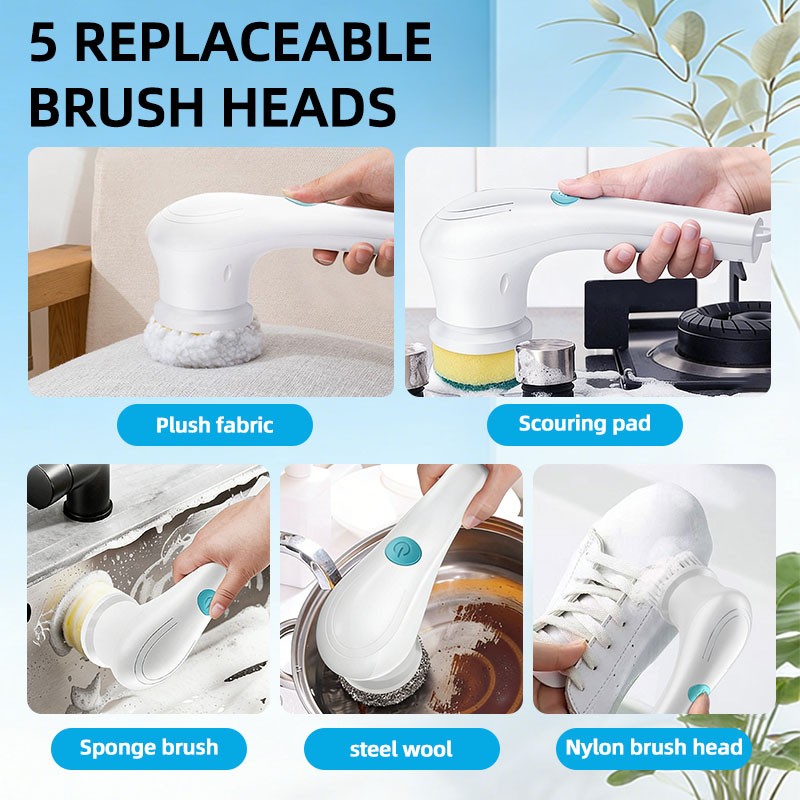 Electric Spin Scrubber Cordless 5 Heads for Bathroom Kitchen Tile Car White US