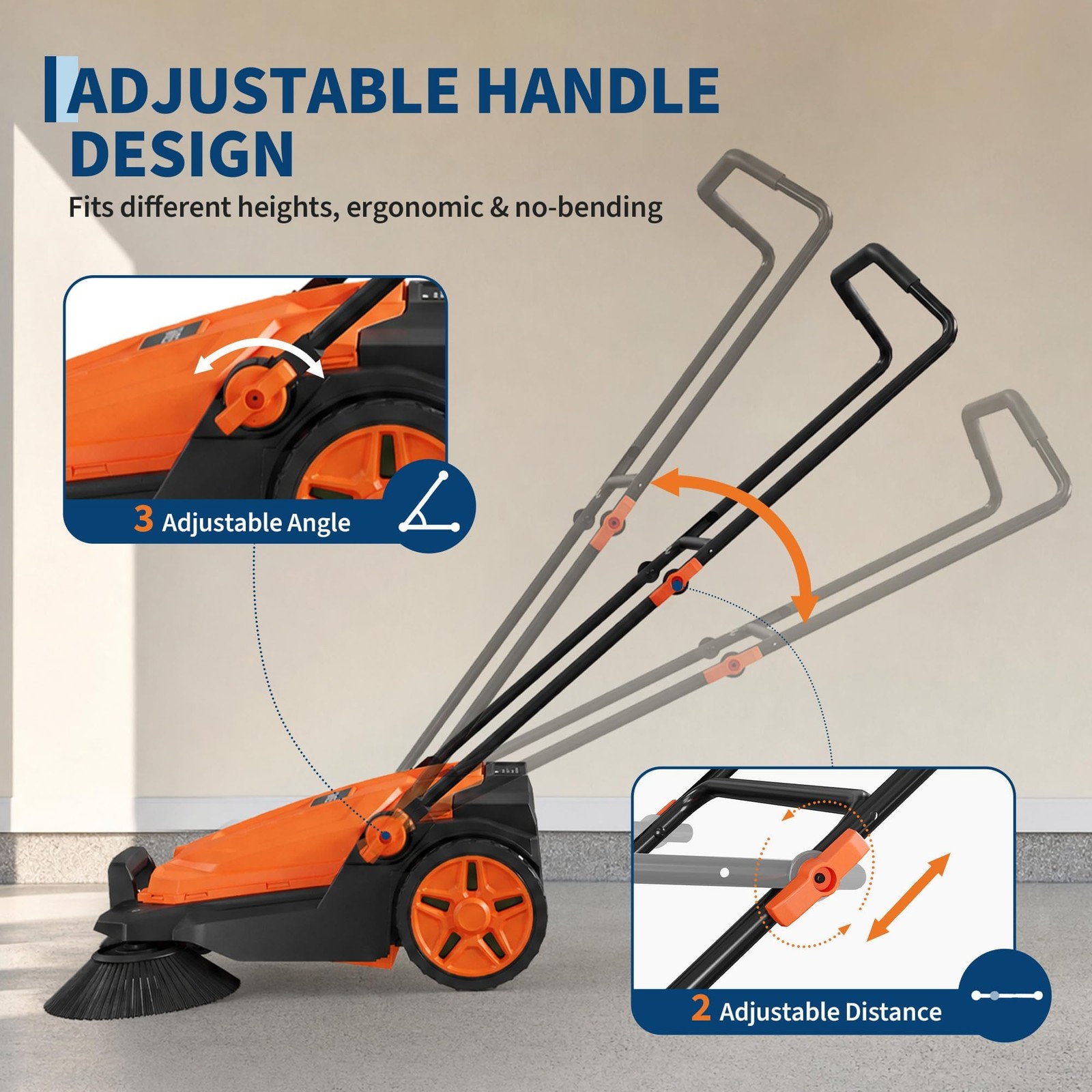 25.6″ Width Manual Sweeper Walk-Behind Hand Push Floor Sweeper Adjustable Handle