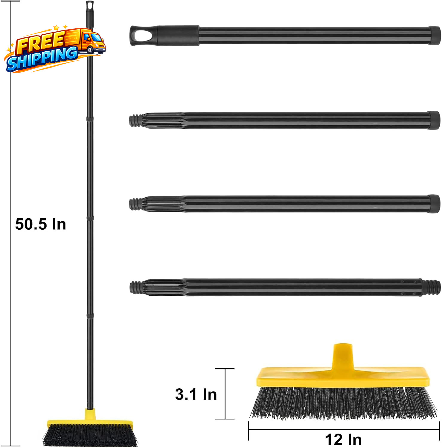 Push Broom Outdoor Indoor Broom 12 Wide 50 Long Handle with Stiff Bristles