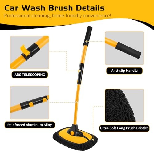 15°Curved Car Wash Brush with Long Handle, 43″ Car Cleaning Black and Yellow
