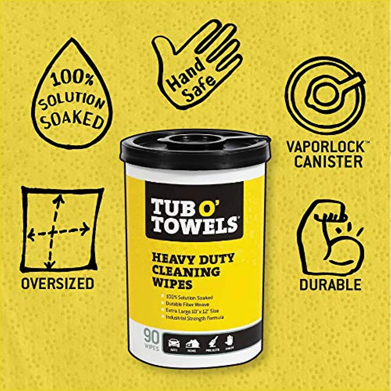 Tub O Towels TW90 Heavy-Duty 10″ x 12″ Size Multi-Surface Cleaning Wipes, 90