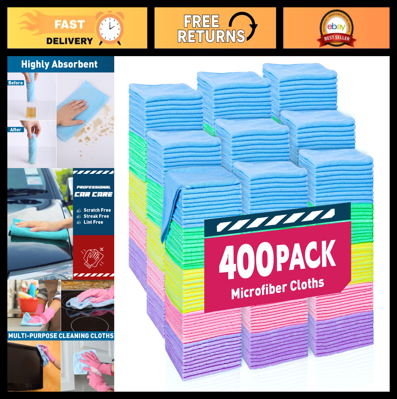 400 Pack Microfiber Cleaning Towels – Assorted Colors, Car Detailing Rags, 11.5x