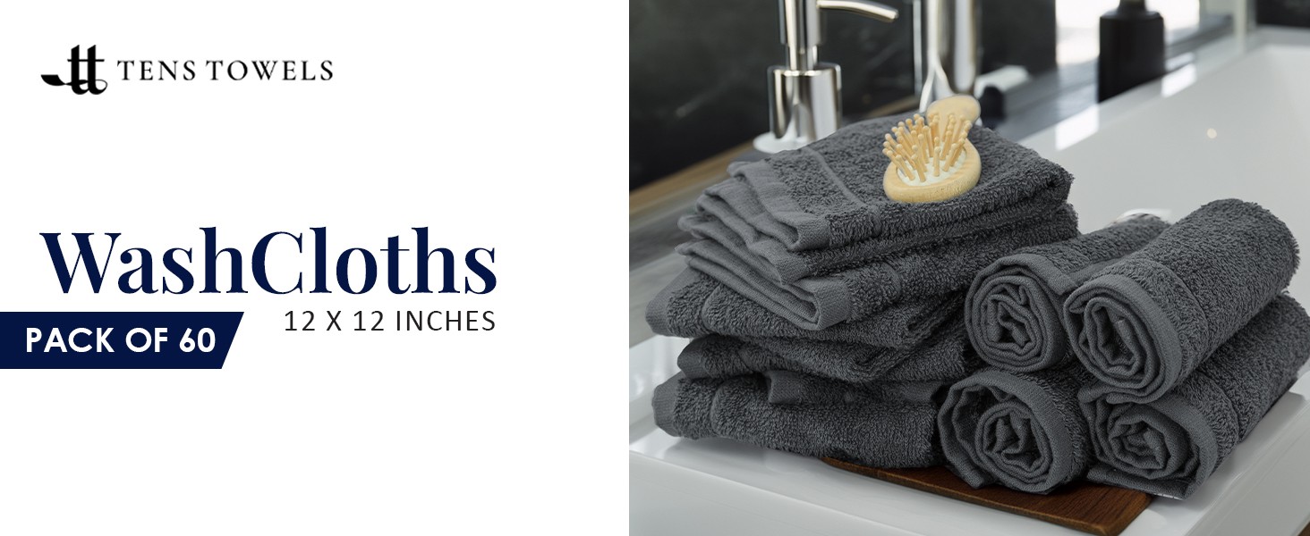 Pack of 60 Washcloths, 12 x 12 Inches, Lighter Weight, Quick to Dry, Super Soft