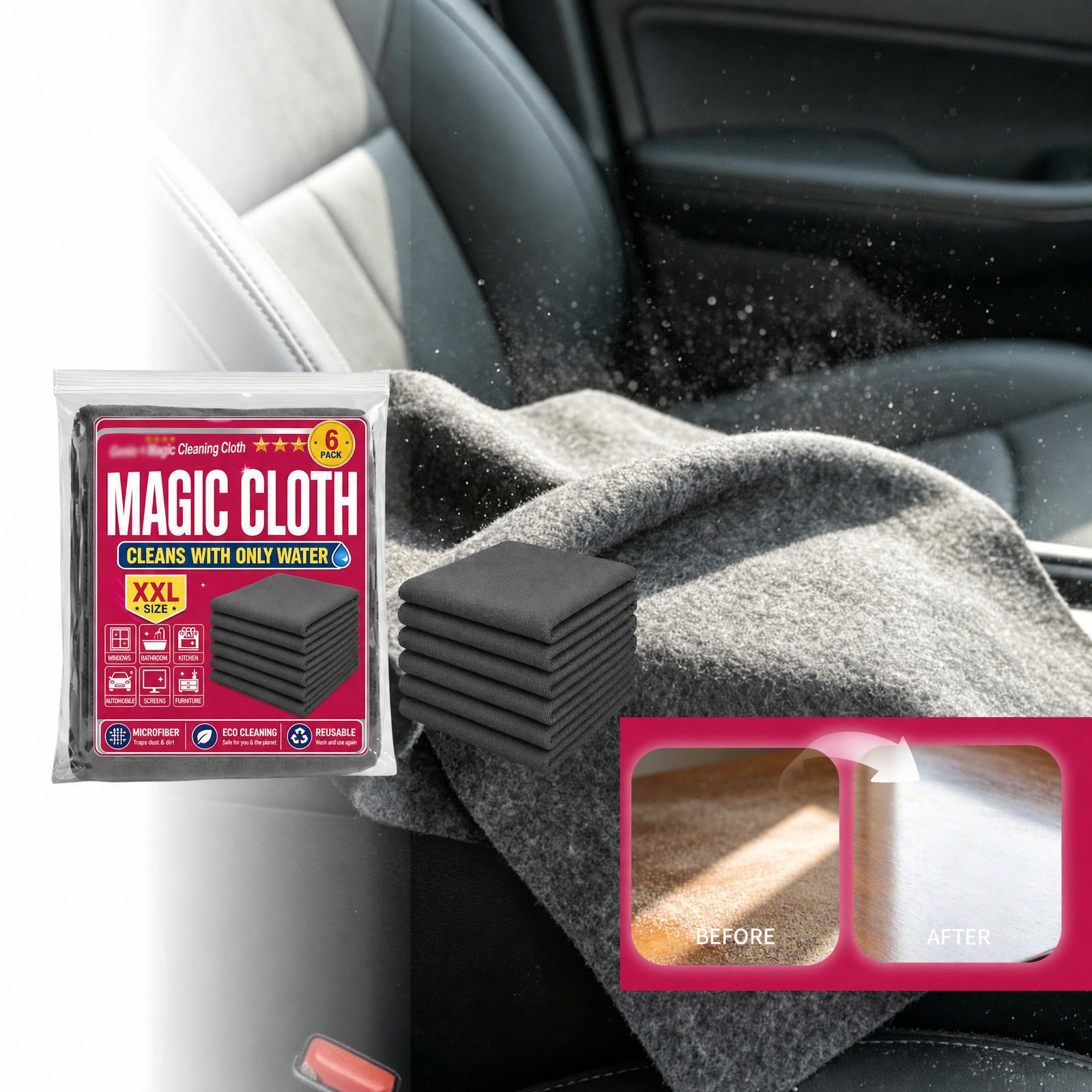 Genie Magic Cleaning Cloth, 6 Pack Microfiber Cleaning Cloths, Streak-Free & Lin
