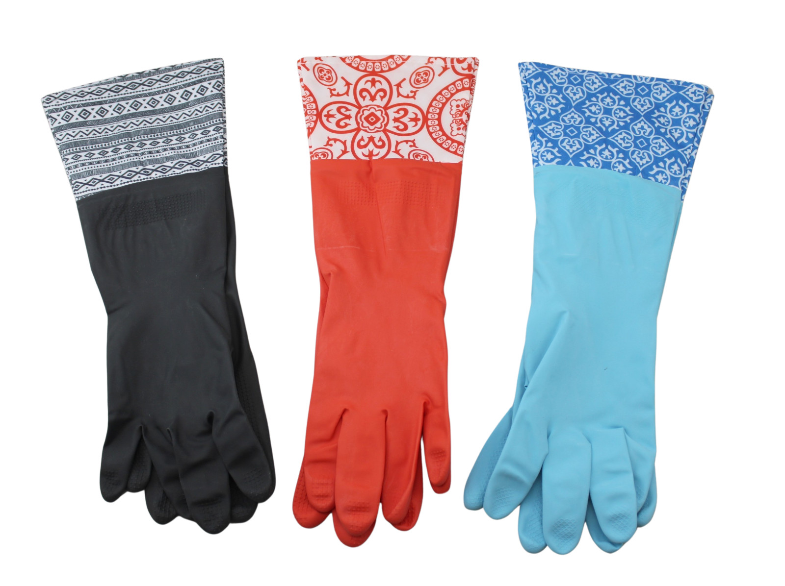 3 pair Decorative Rubber Dish Washing Gloves with Cuff Size medium Fits Most