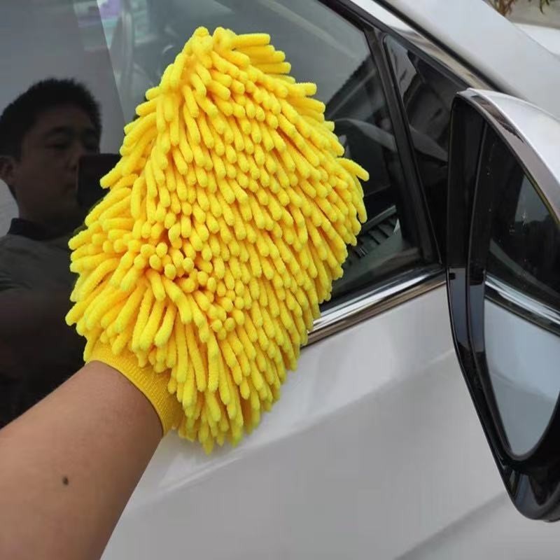 Green Car Washing Gloves Solid Color Microfiber Chenille Single Side Cleaning
